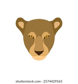 Flat vector of lioness face with piercing eyes in Earth tones.