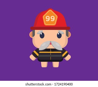Flat vector little character design, firefighter with moustache.