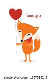 Flat vector little cute fox in love with red heart balloon. Happy St. Valentine`s Day greeting card