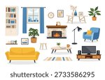 Flat vector living room interior elements set with modern furniture, decor, plants and accessories. Cozy home illustration pack for interior design, web, app, UI and print projects.