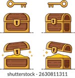 Flat Vector of Locked and Open Treasure Chests with Floating Golden Key – Minimal Cartoon Style on White Background