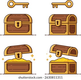 Flat Vector of Locked and Open Treasure Chests with Floating Golden Key – Minimal Cartoon Style on White Background