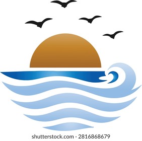 Flat vector logo of brown half sun setting over blue ocean waves with curling breaking wave crest on right