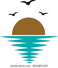 Flat vector logo of brown half sun setting on horizon with teal geometric zigzag diamond reflection fading vertically downward in water, three black seagull silhouettes flying above sun in triangle formation on white background