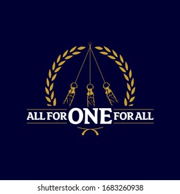 Flat vector logo design inspired by The Three Musketeers. Features three crossed fencing foils or rapiers enclosed in a golden laurel wreath. Includes the classic ALL FOR ONE FOR ALL typography on a dark navy blue background, perfect for literature or sports branding.