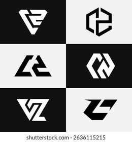 Flat vector logo design set with letter Cz and Zc initials in a modern minimalist style. Perfect for branding, corporate identity, stock market visuals, and creative digital business projects.