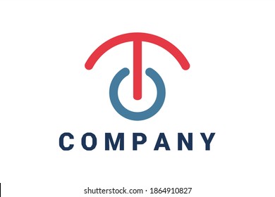 Flat vector logo element with illustration of umbrella and power button forming initials "T" and "O" or "T" and "U". Usable for Technology logos, Electronics and general business logos