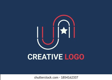 Flat vector logo element with outline american flag pattern forming initials "S" or "un" or "UA" or "SA". Usable for general technology and business logo elements.