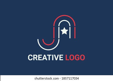 Flat vector logo element with outline american flag pattern forming initials "JA" or "SA" or "Jn" or "Sn". Usable for general technology and business logo elements.