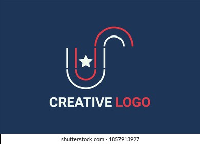 Flat vector logo element with outline american flag pattern forming initials "US" or "ur" or "vr" or "vs". Usable for general technology and business logo elements.