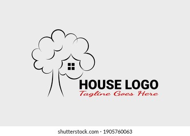 Flat vector logo element with tree and house illustration. Usable for residential logos, real estate, consultants and general construction logos.