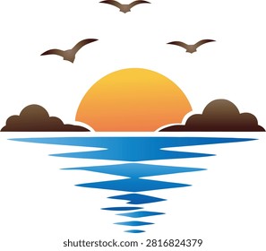 Flat vector logo of golden orange half sun setting between two dark brown clouds on horizon, three brown seagulls flying above in triangle formation, blue geometric reflection of sun in water below with sharp zigzag diamond shapes fading downward. 