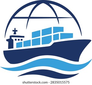 A flat vector logo graphic featuring a large cargo vessel loaded with shipping containers sailing on ocean waves under a global grid arch. The professional design utilizes a two-tone dark blue and light blue color palette, highlighting stacked geometric freight crates, a stylized ship hull, rolling water waves, and a minimalist world globe