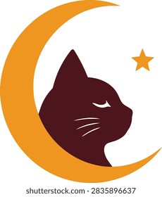 A flat vector logo graphic featuring the silhouette of a black cat sleeping inside a large orange crescent moon. The clean, minimalist design includes a single five-pointed gold star in the background, capturing a peaceful night, magic,