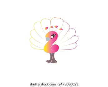 Flat vector logo of peacock animal colorful. Vector illustration of a cute and beautiful peacock on white background. Charming characters in different poses stand spread out and in cartoon style.