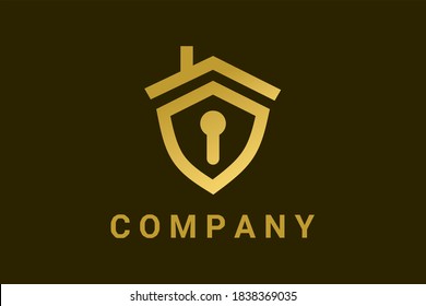 Logotipo de vector plano para bienes raíces, construcción de edificios y negocios generales con ilustración de vivienda y escudo. Ilustración del hogar y de la protección con el ojo de cerradura