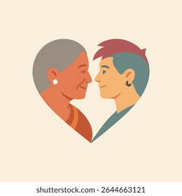 Flat vector logo of two diverse human profiles forming a yin-yang heart. One is a senior woman in a sari; the other is a modern youth with spiked hair. Symbolizes harmony, contrast, and human connecti