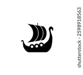 A flat vector logo of a Viking longship featuring a sail, shields, and dragon design, symbolizing Scandinavian marine transportation and mythology.