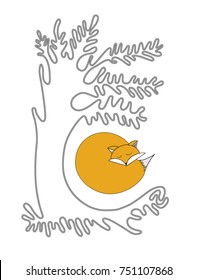A flat vector logotype. Cute orange red fox sleeping under a lonely tree