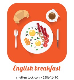 Flat vector long shadow illustration of english breakfast