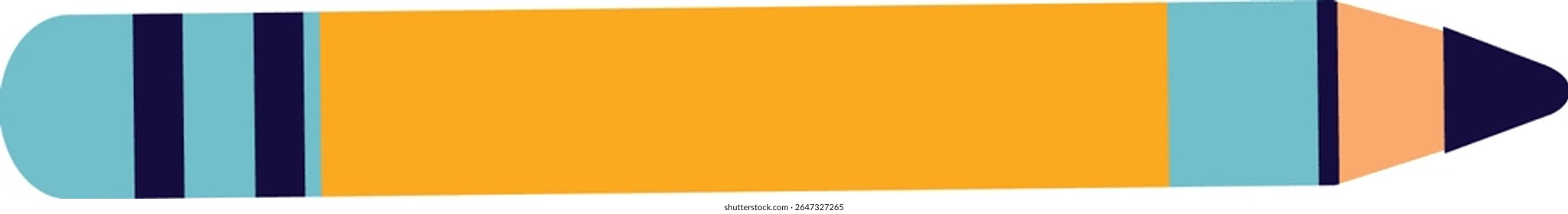 Flat vector of a long yellow pencil with colorful accents, perfect for writing, education materials, drawing tools, or back-to-school visual designs.