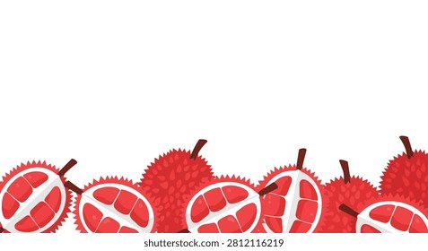 Flat Vector Lower Border of Exotic Red Fleshed Durian Fruits Isolated on White with Copy Space