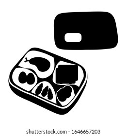 Flat vector lunchbox black silhouette with food isolated on white background.