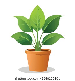 Flat vector of a lush leafy potted plant with terracotta pot. Perfect for interior design, garden branding, app UI, and eco-friendly projects.