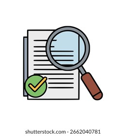 Flat vector of magnifying glass over document with green checkmark, representing document review, inspection, or approval
