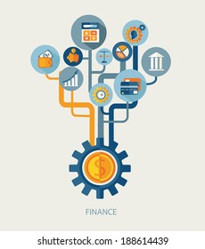 Flat vector make money concept with financial icons and dollar symbols 