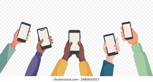 Flat Vector Male and Female Hands Holding Smartphones, Showing Chat Message Notifications. Mobile Phone Concept Background. SMS Bubbles on Cell Phone Screen. People Chatting. Vector Illustration