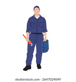 Vetor plano do encanador masculino ou técnico em uniforme segurando a caixa de ferramentas e a chave da tubulação. Perfeito para projetos e ilustrações de serviços de reparo, manutenção ou handyman.