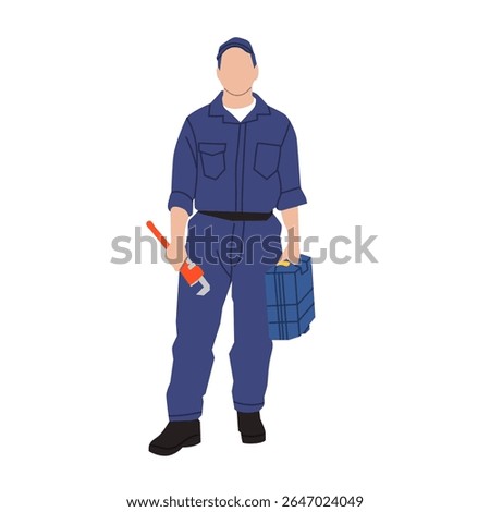 Flat vector of male plumber or technician in uniform holding toolbox and pipe wrench. Perfect for repair, maintenance, or handyman service designs and illustrations.