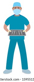 A flat vector male surgical nurse is holding a tray of sterile instruments