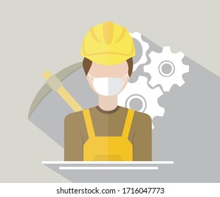Flat vector of male symbol with helmet on his head. gear and digging equipment flat vector.
