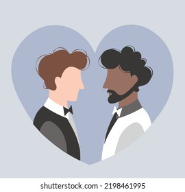 Flat vector male wedding. Two men silhouettes in love. Lgbt marriage.