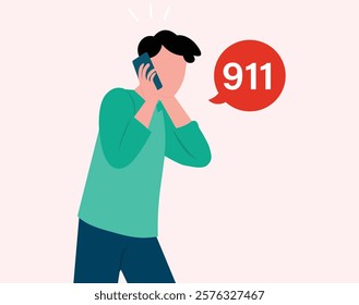 Flat vector man 911 emergency call illustration.