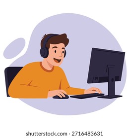Hombre de Vector plano con el pelo castaño, camisa de manga larga naranja, auriculares oscuros, operando una computadora de escritorio negra, mouse y teclado