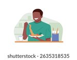 Flat vector of a man enjoying a meal at the dining table with a glass of water