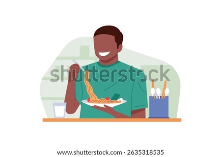 Flat vector of a man enjoying a meal at the dining table with a glass of water