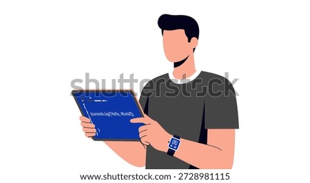 Flat vector man reads 'Hello, World' code on a tablet