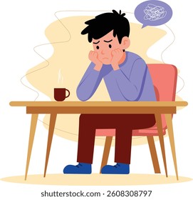 Flat vector of a man sitting at table with hot drink, looking sad and stressed, symbolizing loneliness, overthinking, and emotional fatigue