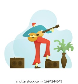 flat vector, A man standing playing an airy guitar with an amp and a vase of flowers.