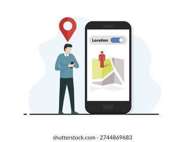 Flat vector of a man tracking his real-time location on a mobile map app with a red pin icon and toggle switch. Stock Illustration.