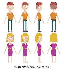 flat vector man and woman from all sides cartoon animation al around character