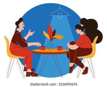 Flat vector man and woman sitting at the cafe or restaurant, talking, drinkin coffee or tea and having fun. Young couple are on a date. Vector flat illustration about frienship and relationship.