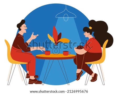 Flat vector man and woman sitting at the cafe or restaurant, talking, drinkin coffee or tea and having fun. Young couple are on a date. Vector flat illustration about frienship and relationship.