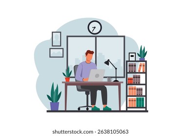 Flat vector of a man working at a desk with a laptop in a modern office. Includes indoor plants, bookshelves, window, and minimalist decor.