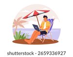 Flat Vector Man Working Remotely at Beach with Laptop and Umbrella. Illustrations for websites, landing pages, mobile apps, posters and banners