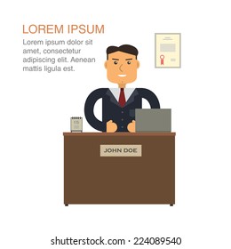 Flat vector manager at the desktop on the white background